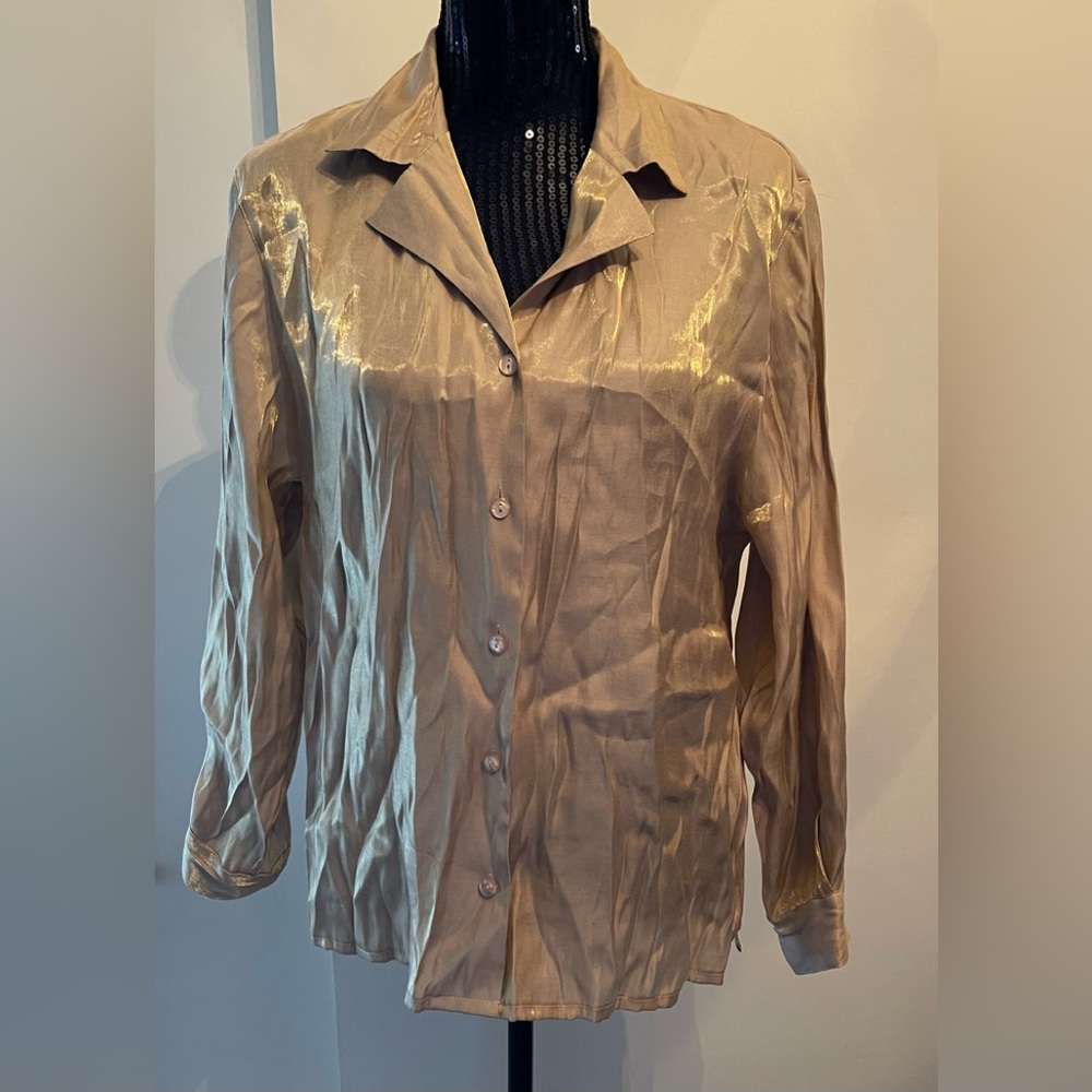Vintage Script Beige Gold Button Up Crinkle Shirt Size 12